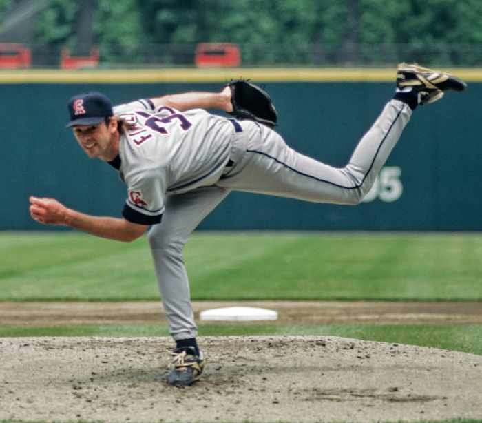 Chuck Finley never threw a no-hitter for the Angels, but did fire a one-hitter against Boston in 1989. He is seen above pitching in 1996.