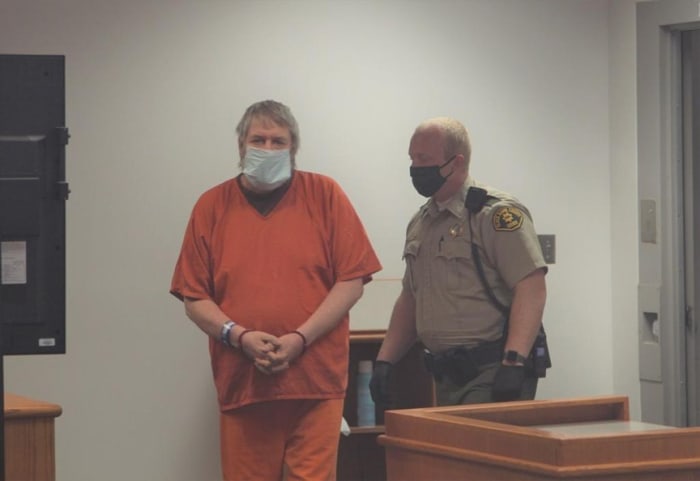 Clark Perry Baldwin appears in court on May 2020 in Black Hawk County Jail in Iowa. Photo courtesy of the WCF Courier.