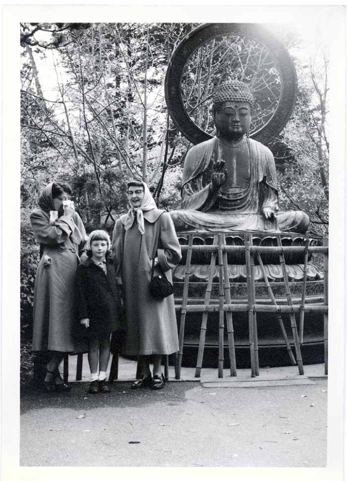 The coats are appropriate (even if the styles are dated) for SF summers. Taken in Golden Gate Park, in the Japanese Tea Garden. circa 1957.