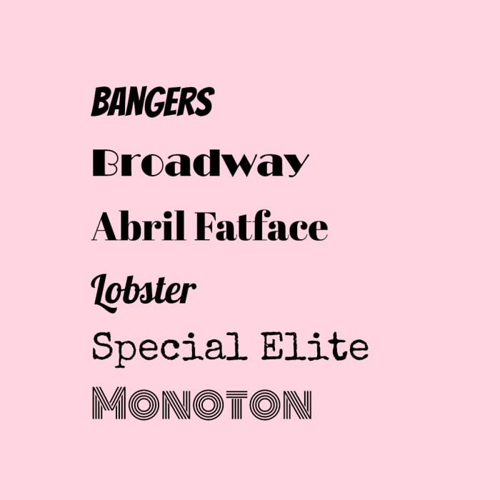 Here are some examples of Display/Decorative typefaces (the typefaces in the photo are in the same size and style regular).