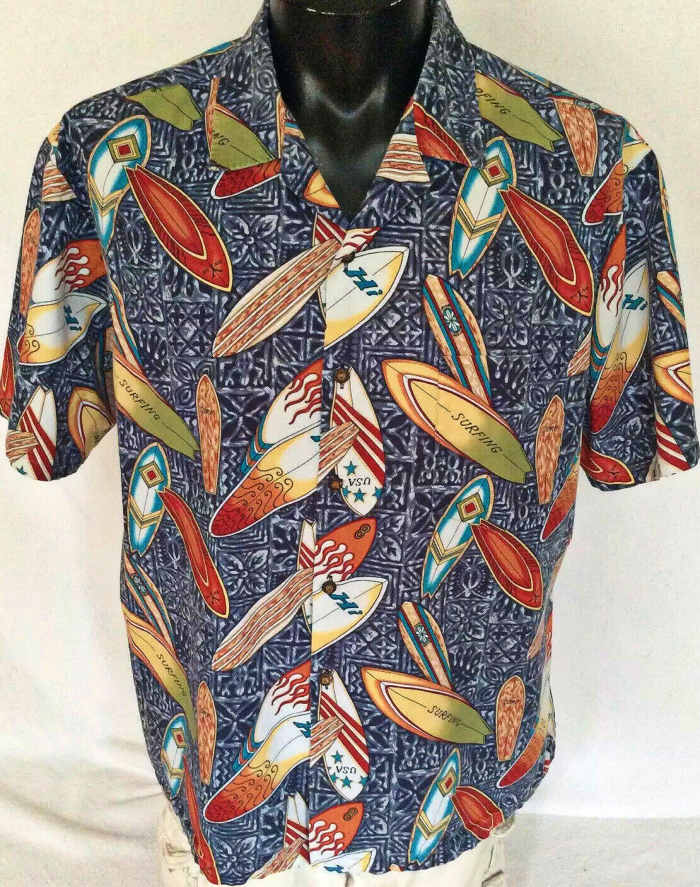 Vintage ~ Hawaiian Men’s Size 2X "MADE IN USA" Hawaiian Surf Board SS Shirt ~Surfing ... Vintage HAWAII - Made in USA cotton short sleeve button down Hawaiian shirt. Colorful and simply that. Gray design, covered in colorful surf boards.