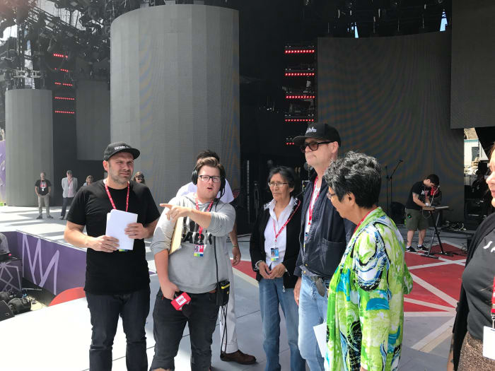 (L-R) Calvin Mitchell, Daisy Wenjack, Gord Downie, Pearl Wenjack behind the scenes at WE Day Canada - Photography by Scott Ramsay