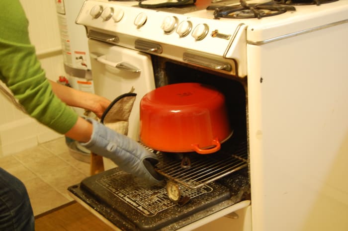 Take the knob off your dutch oven before putting it in the oven. Our cracked off from the very high temperature.