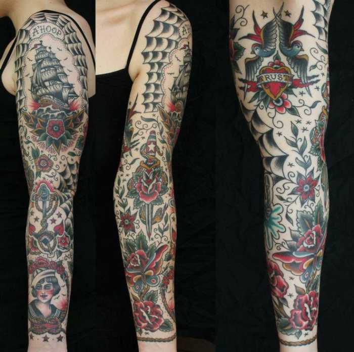 Example American Tattoo Sleeve, of pins and stars, and spiderwebs; American Traditional tattoos tend to require fillers in between the actual tattoos