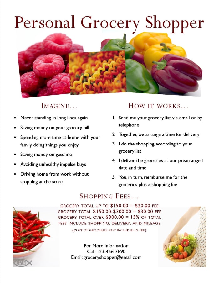 This flyer is eyecatching and includes pertinent information about the personal grocery shopping business