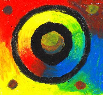 Abstract Wheels created with three primary color Sennelier oil pastels and one black Caran d'Ache Neopastel for the strong black lines.