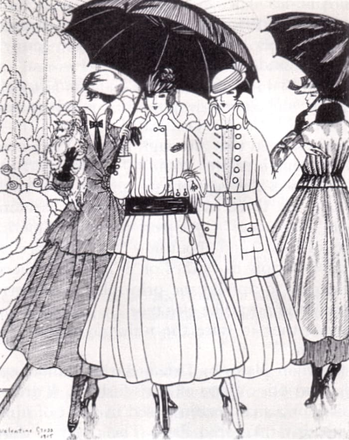 When ladies learned that tuberculosis can live in sputum for an entire day after it’s been spat on the ground, the future of the shorter skirt length was assured. Fashion plate from La Gazette du Bon Ton, 1915.