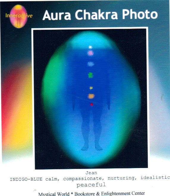 This picture of my aura was taken at a metaphysical event about a year later than that of my late husband. I was reading tarot cards when his was taken. My aura has calming green and spiritual shades of blues.