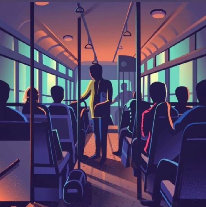 Describe some of the passengers and the atmosphere in a crowded bus picture