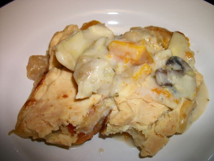 A vegetarian version of family-style pot pie, with broccoli, artichokes, butternut squash, and mushrooms.