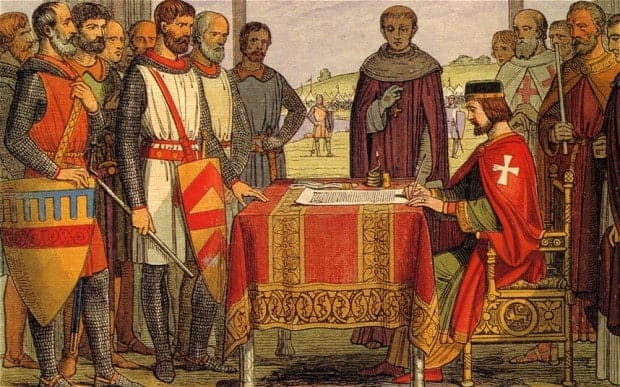In this depiction, King John of England is shown signing the Magna Carta. It is highly unlikely that John signed the famous document as it is unlikely that he would write. It's more likely that the document was sealed, not signed.