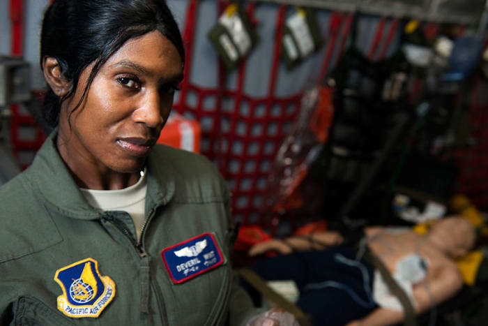 US Air Force Maj. Deveril Wint, operations flight commander of the 18th Aeromedical Evacuation Squadron was the Commemorative Air Force Dolly Vinsant Flight Nurse of the Year for 2013.