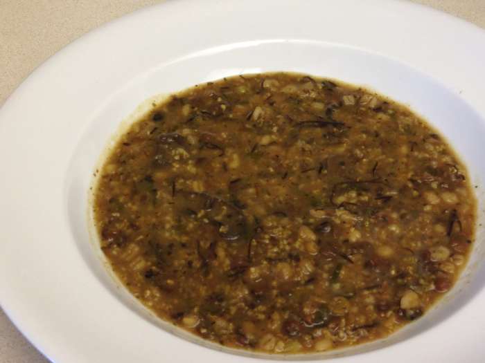 Spring Kicharee with barley, lentils, split peas, millet, kale, mushrooms, broccoli, arame seaweed, burdock root and dandelion root