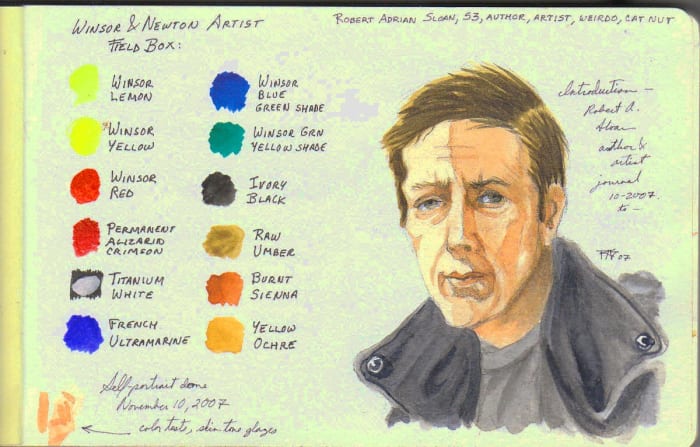 Self portrait, Winsor & Newton Artists' Field Box watercolors in 5" x 8 1/2" Moleskine watercolor journal. Copyright Robert A. Sloan, October 2007, all rights reserved.