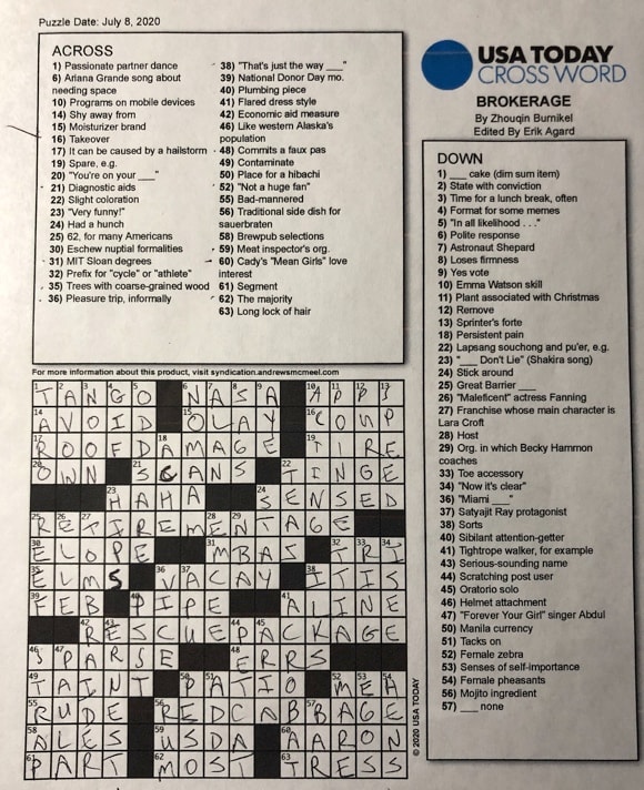 BROKERAGE – 8 JULY 2020 USA TODAY CROSSWORD By Zhouqin Biurnikel Edited by Erik Agard