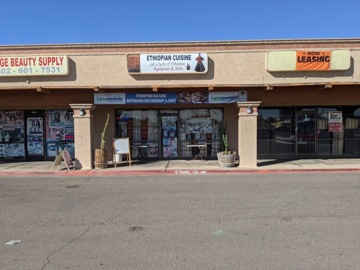 Abyssinia Restaurant and Cafe located in strip mall at NW Corner of Indian School and 9th Street in Phoenix, AZ
