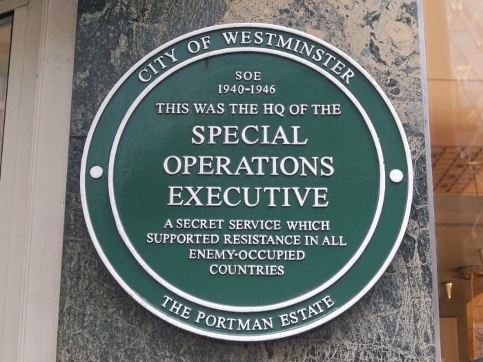 SOE plaque outside of the organization's headquarters in Marylebone, London, England. Photograph by Jamie Barras.
