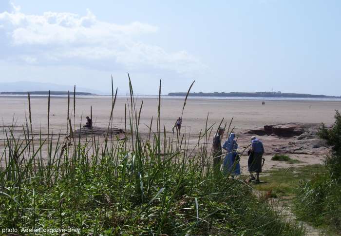 Emerging from the boardwalk, you arrive at a red sandstone outcrop. On the horizon are Middle Eye and Hilbre Islands. If you walk along the adjacent Stanley Road you'll find a good choice of bars and restaurants in Hoylake.