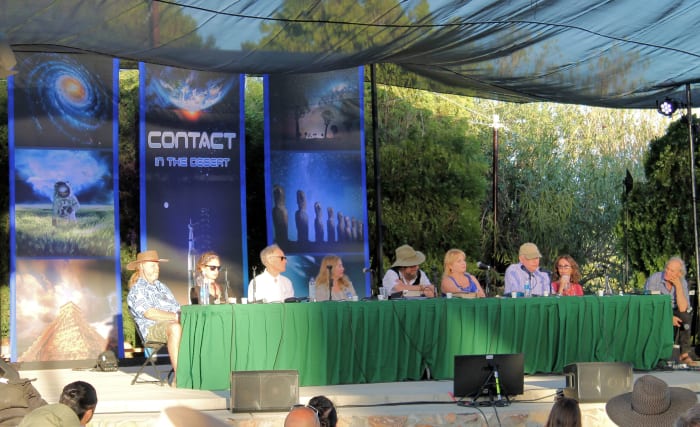UFOs, Spirituality & the Evolution of Consciousness Panel with (from left to right) James Gilliland, Laura Eisenhower, Graham Hancock, JJ & Desiree Hurtak, Tricia McCannon, Robert Perala and Linda Moulton Howe.