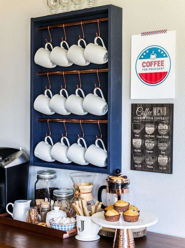 Grab some the wood will work) and some hooks for this basic build. Then, to show your mugs, hang them on the display.