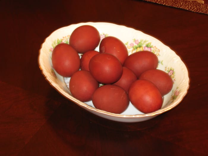 Colored Easter Eggs made with traditional Russian process of adding onion skins to the water when boiling the eggs