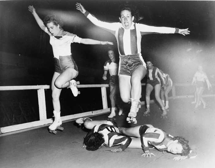 Roller Derby in 1950. First featured in Chicago in 1935, Roller Derby for men and women has enjoyed popularity since the 1950s.