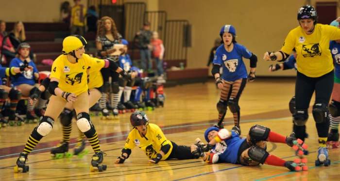 KimChicks and Rokettes roller derby teams compete during at U.S. Army Garrison Humphreys, Republic of Korea, March 8, 2014.