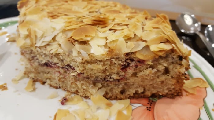 A rather messy cross-section of the cake with the freeze-dried plum and Davidson plum powder variation. We got stuck into the cake before remembering to take a photo!