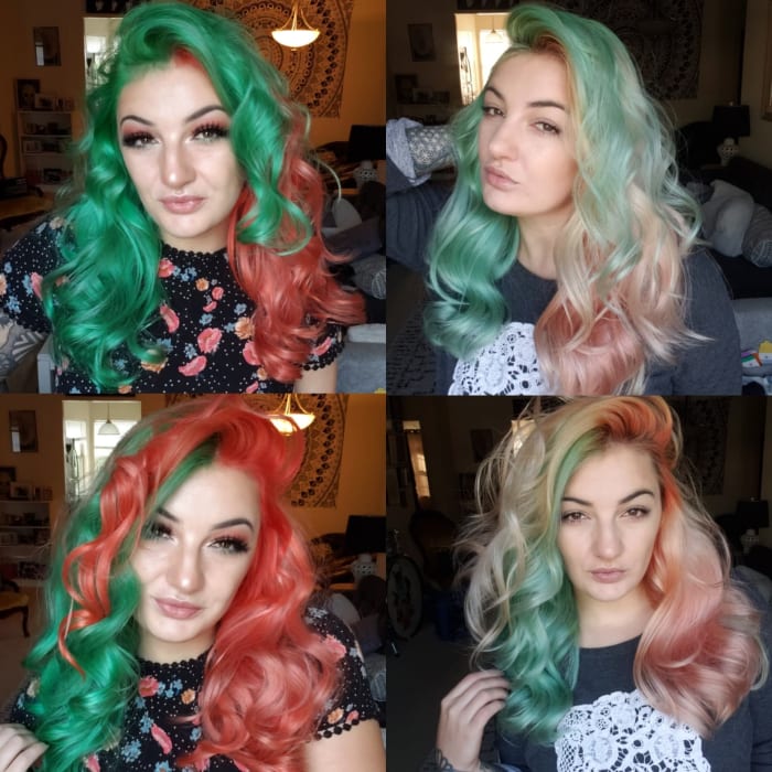 Left: My hair, freshly dyed. Right: My hair after using Quantum clarifying shampoo three times.