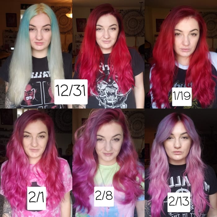 This photo shows the base color, fresh red hair dye, and the fade process. The color hardly budged until I started using clarifying shampoo on 2/1.