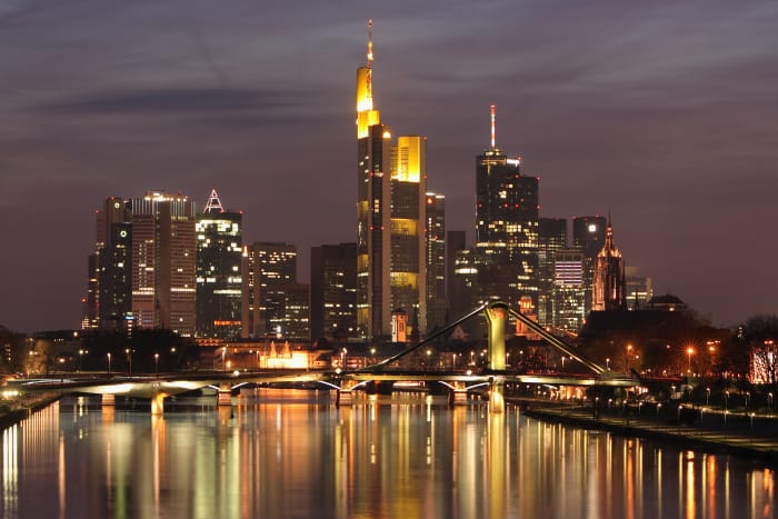 Frankfurt skyline at night. Author Nicolas 17 and published under Creative Commons Attribution ShareAlike 2.5 licence.