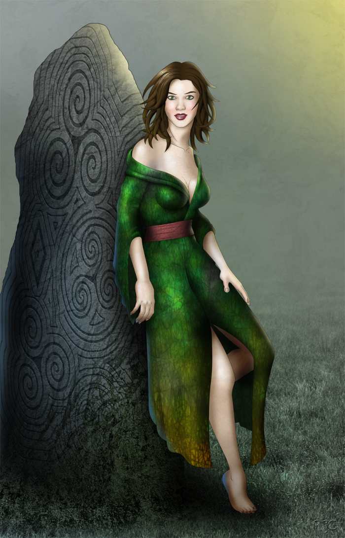 Artist's impression of Eriu, after whom Eire (Ireland) was named - no shrinking violet, this maid, with her revealing green dress and auburn tresses. Twist any invading visitor round her little finger, she would. Wasn't around when the Normans lande