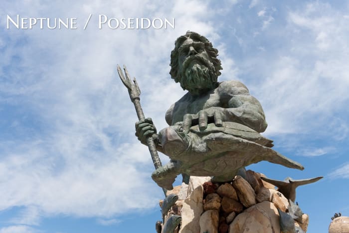 Neptune was the god of the sea in Roman mythology. Poseidon was the god of the sea in Greek mythology. The god was also known for spring waters, earthquakes, and horses. He carried a trident with him.