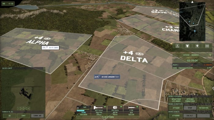 A potential helicopter strategy from Echo: a rocket-pod equipped helicopter provides fire support from Alpha, while an ATGM armed helicopter fires from Delta.