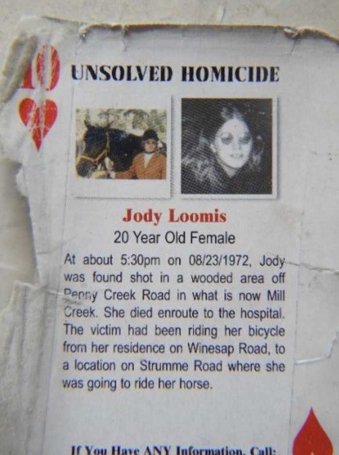 Playing cards featuring details of the murder of Jody Loomis in Snohomish County, Washington in 1972. Photo courtesy of the Mill Creek Beacon.