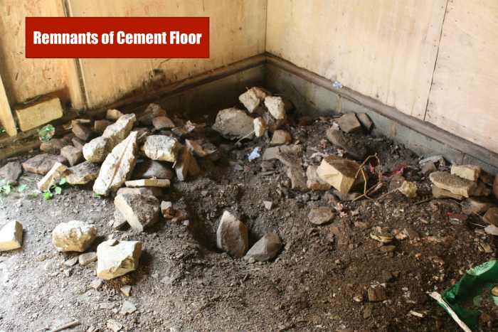 Remnants of cement floor in barn. We were struck by the amount of work it would have taken to tear up this cement pad.