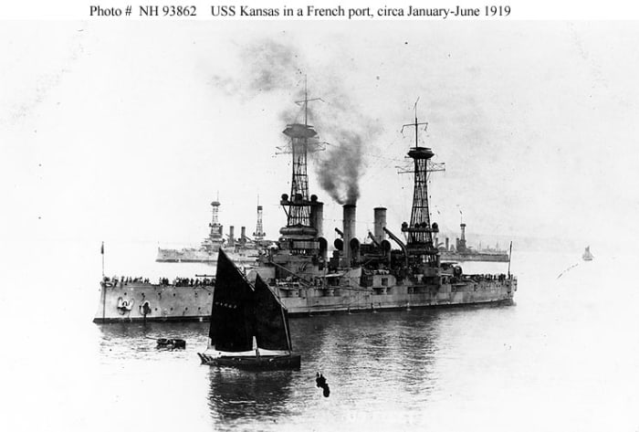 The battleship, USS Kansas, in a French Port, probably Brest, at the end of WWI. Ralph Holcomb would spend his last days on board this ship.
