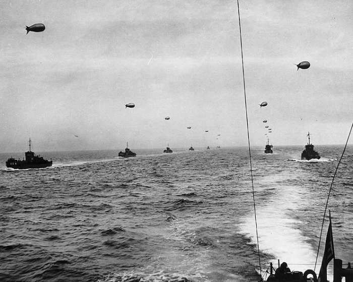 Large landing craft convoy crosses the English Channel on June 6,1944, filled with American and British troops destined for the beaches of Normandy.