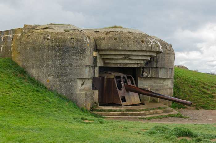 One of the casemates of the Longues-sur-Mer battery in Normandy, destroyed by naval gunfire during the Allied landings. Some Allied ships fired point blank at German defenses having a devastating effect on German soldiers.