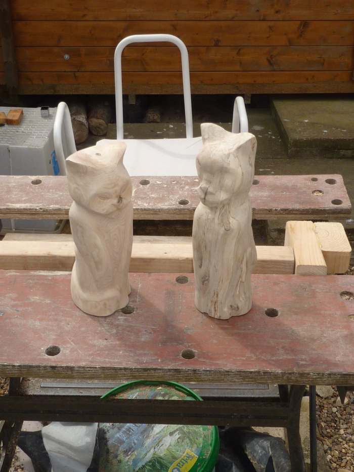 On the left, a green ash Persian, on the right, a spalted cherry moggy. They seem to be discussing their options while I consider mine.