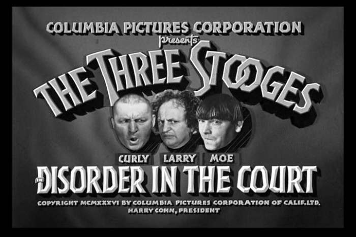 "Disorder in the Court" (1936) is one of only four Stooge films in the public domain, the only public-domain film with Curly, and the first to bill Curly ahead of Larry and Moe.