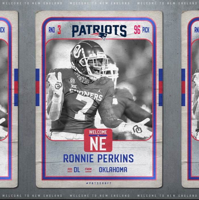 The Patriots selected DE Ronnie Perkins from Oklahoma in the third round with the 96th pick.