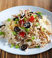 The delectable Hawaiian Haystack is probably more accurately described as rice and Chinese vegetables plus pineapple and/or sweet and sour pineapple sauce and/or chopped peanuts and/or soya sauce. And maybe olives and cheese.