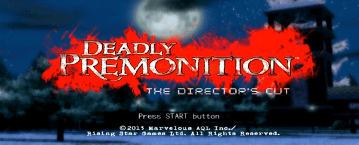 The title screen for "Deadly Premonition: The Director's Cut". The background scenery changes each time the game is loaded up which adds a nice touch.