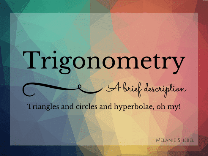 Trigonometry, a brief description. Triangles and circles and hyberbolae, oh my!