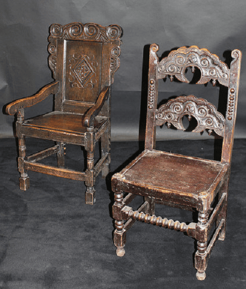 Wainscot chairs with elaborately carved wooden back. These 17th century American furniture comes with or without arm supports