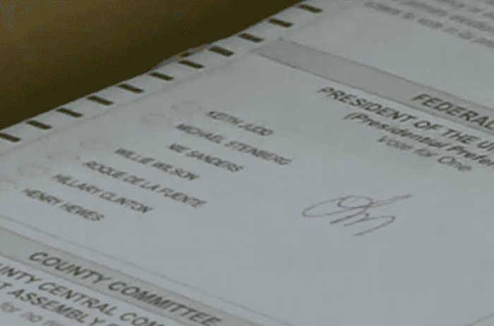 Checkbox next to Bernie Sanders' name, third choice down from top, covered over with white-out, along with first part of word "Bernie."