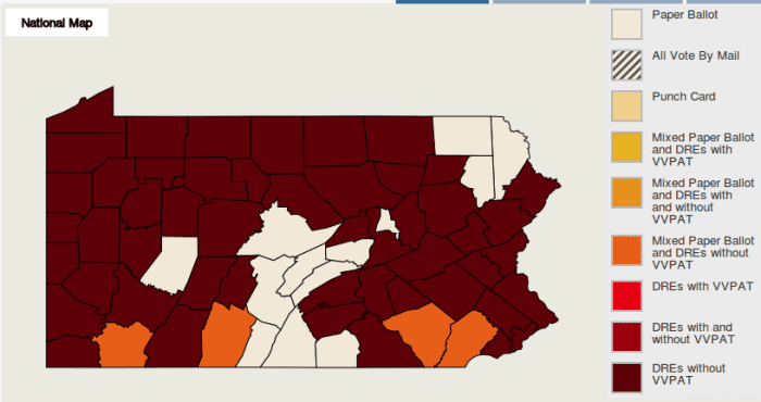County map of PA voting systems in use. Majority dark counties are "DREs without VVPAT," or electronic touch-screens "without Voter-Verified Paper Audit Trail."