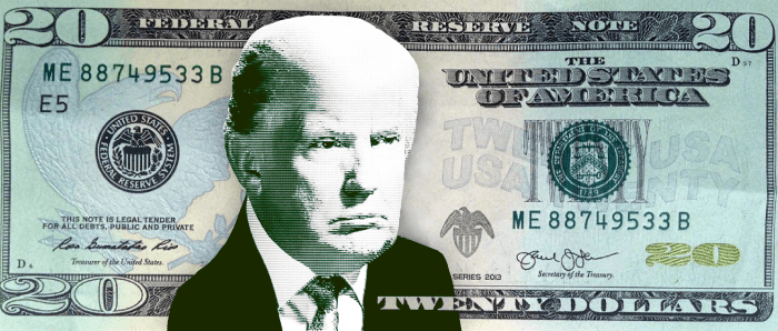What's in your wallet? Same weird hair, same xenophobic rhetoric, slightly different scowl.