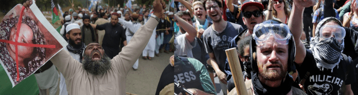 Courtesy of AAMIR QURESHI/AFP/Getty Images & CNN. (left) Supporters of Pakistani party Ahle Sunnat Wal Jamaat & (right)Antifa members at a protest.